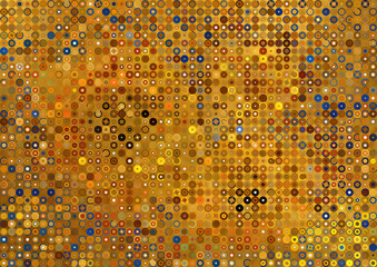 An abstract background with a golden gradient and a pattern of small circles with different colors and shapes inside