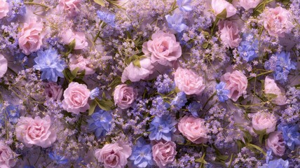 Big collection of different flowers in purple color. Neural network AI generated
