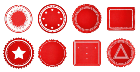 Nine red emblems with white outlines and different shapes
