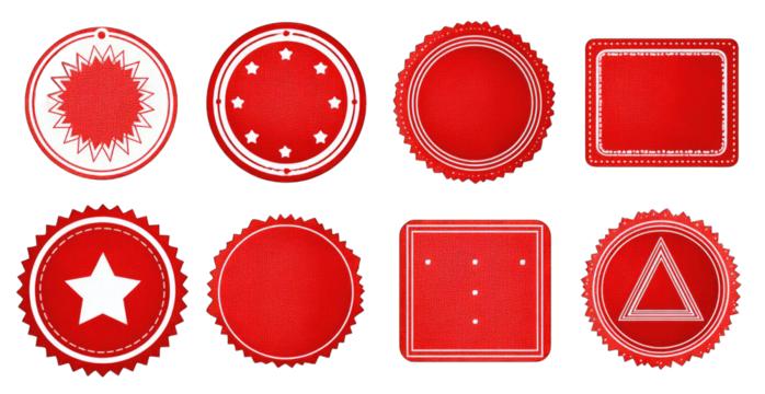 Nine red emblems with white outlines and different shapes
