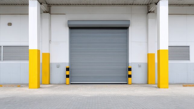 A minimalist loading area featuring a gray roll-up door, flanked by bright yellow pillars and a clean paved surface.