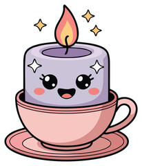Cute kawaii cartoon flat vector candle in a teacup with sparkles