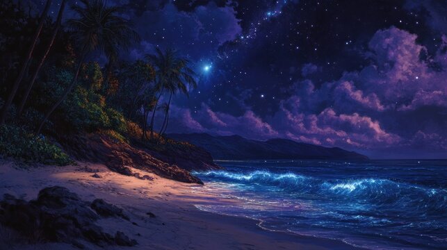 Tropical beach at night, starry sky
