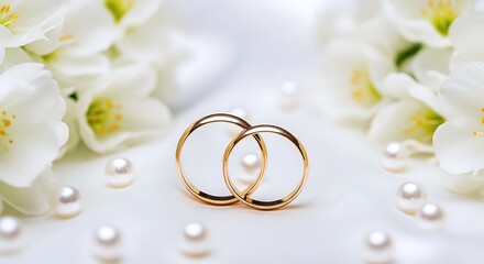 Elegant Golden Wedding Rings Rest On White Fabric, Surrounded By Delicate White Flowers And Shimmering Pearls, Symbolizing Love And Commitment.