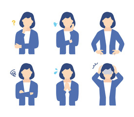 悩む女性ビジネスパーソンのイラストセット