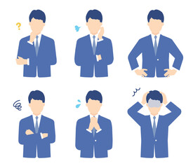 悩む男性ビジネスパーソンのイラストセット