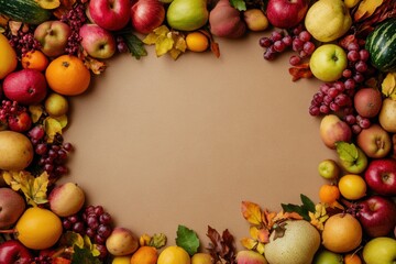 A Festive Assortment of Ripe Fruits: A vibrant and bountiful arrangement showcases a rich collection of seasonal produce, elegantly framing an empty space with fresh, colorful displays.