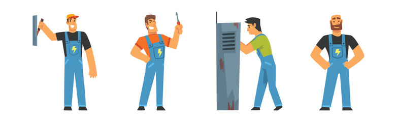 Man Electrician Character Provide Service Fixing Light Vector Set