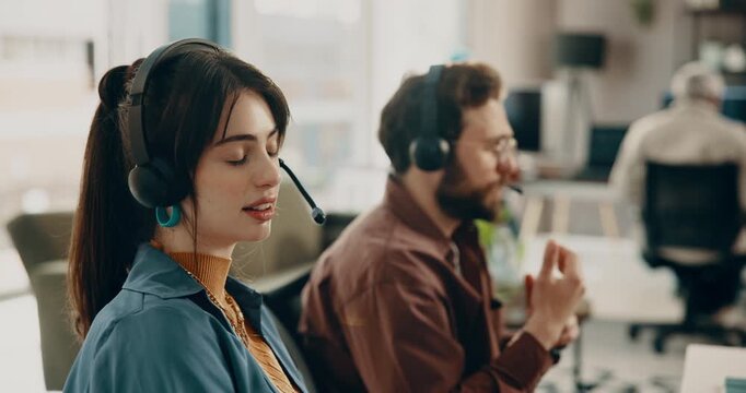 Woman, people and headset in call center for telemarketing, communication and outbound sales. Marketing agent, technology and coworking space in agency with discussion, lead generation and connection