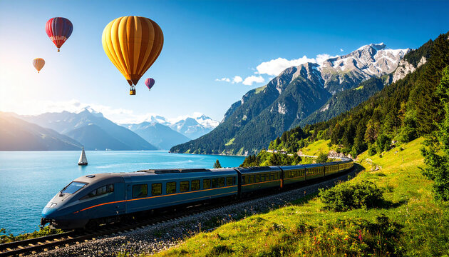 A natural view of the coastal railroad. Scenic journey featuring hot air balloon, train, and sailboat. - Powered by Adobe