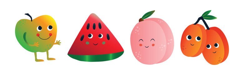 Different Cute Fruit Character with Smiling Face Vector Set