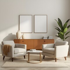 Mid-Century Modern Living Room Interior Design: Two Armchairs, Side Table, and Cabinet Mockup