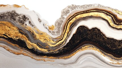 Abstract fluid art with gold, gray, and brown swirling textures on white background