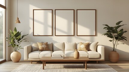 Modern Minimalist Living Room Scene: Neutral Tones, Elegant Design, and Mock-Up Frames