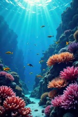 Fototapeta premium Vibrant coral reef, diverse fish, blue ocean floor, ocean floor, marine biology, wildlife
