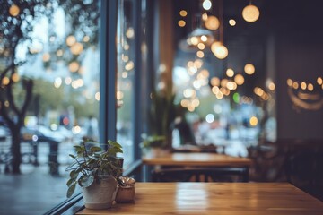 Blurred cafe interior, city view
