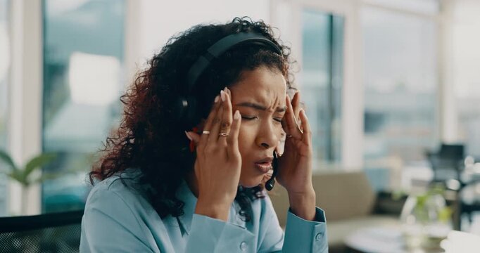 Frustrated, woman and consultant with headache in call center for burnout, fatigue or eye strain. Female person, agent or pain with headset or migraine for overworked pressure or stress in office