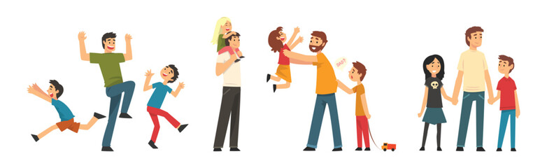 Man Father Spending Time with Little Daughter and Son Vector Set