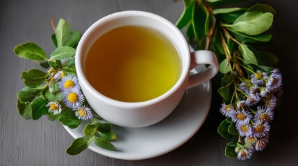 Freshly brewed herbal tea in a white cup, surrounded by vibrant green leaves and delicate flowers, creating a serene and calming atmosphere for relaxation and wellness