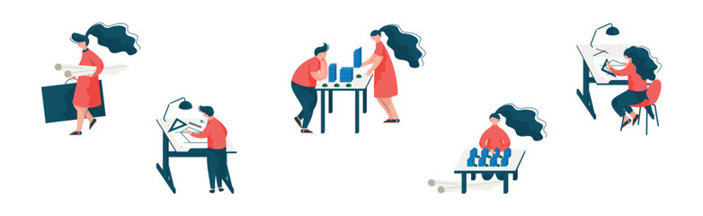 Man and Woman Architect and Construction Engineer Worker Vector Set