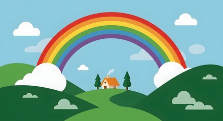 Vibrant Rainbow Over Peaceful Countryside House Green Hills Clouds Sunny Sky Illustration