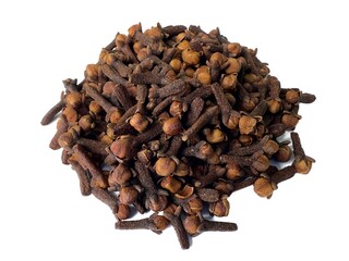 A pile of fresh dried brown cloves isolated on white background. Spice cloves. Close up of dried aromatic clove flower buds. Top view.