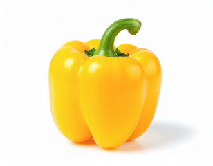 An isolated shot of a single yellow bell pepper, positioned vertically against a white background. The fresh pepper has a smooth, shiny skin, and its green stem stands out against the bright yellow ba