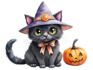 watercolor drawing of a cute black halloween cat with witch hat on white background. ,PNG.AI Generated.