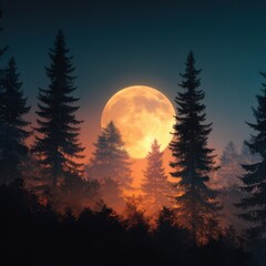 Moon Rising Through Forest Silhouette