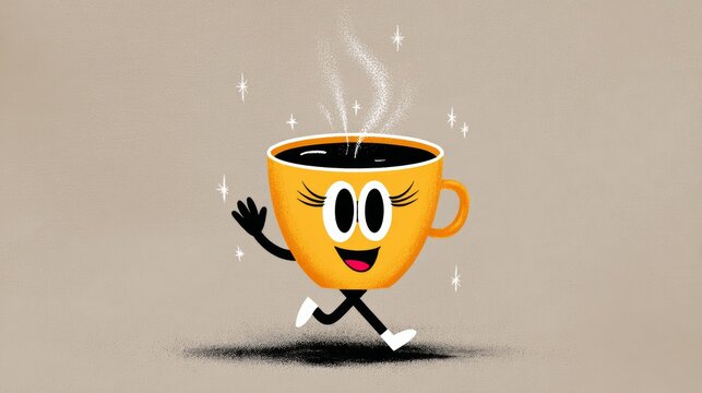 Cheerful animated coffee cup character with eyes and smile, joyfully running with steam rising, surrounded by sparkling stars, conveying a sense of happiness and warmth in a playful illustration
