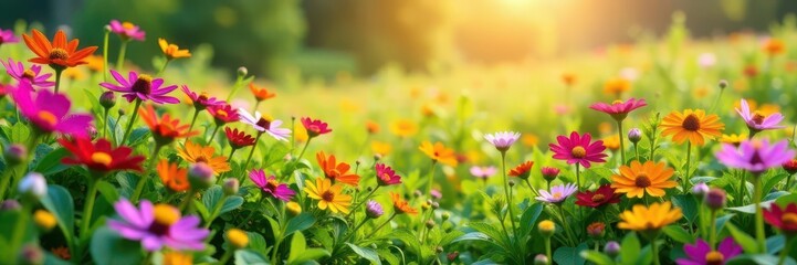 Wildflower explosion, diverse blooms carpet the field , sunshine, ecology
