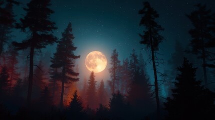 Bright Orange Full Moon Behind Forest Trees