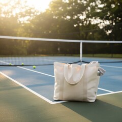 A cream colored tote bag rests on a tennis court at sunset