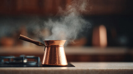 Steaming copper coffee pot on a kitchen stove, suggesting warmth, tradition, and the simple pleasures of home. Ideal for food blogs, lifestyle articles, or advertising.