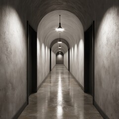 Obraz premium Long hallway, arched ceiling, dark doors
