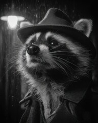 Black and White Raccoon Portrait in Hat
