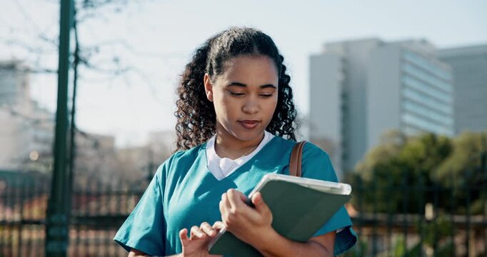 Woman, nurse and city with tablet for research, medical study or internship program at outdoor park. Female person, intern or healthcare student with technology or app for scholarship in medicine