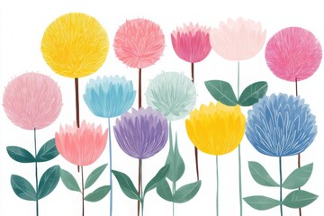 Obraz premium The flowers have round, fluffy heads in various pastel colors, growing from slender stems with simple green leaves
