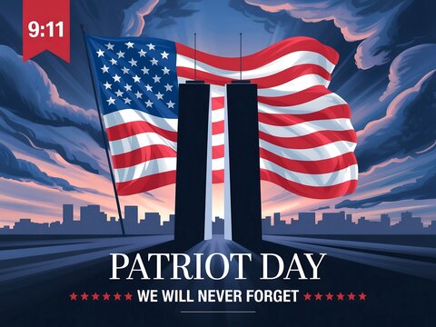 Remembering patriot day with the american flag and the twin towers we will never forget