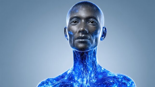 Futuristic humanoid figure with a digital mesh skin, illuminated by blue light, showcasing intricate patterns and textures, representing the intersection of technology and human form in a modern conte