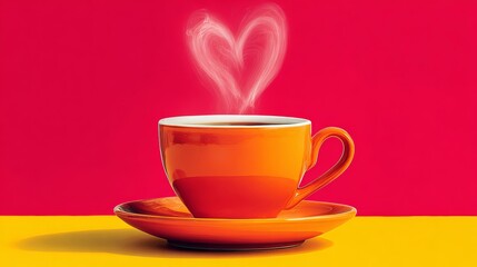 Fototapeta premium Vibrant orange coffee cup on a bright yellow surface, with steam forming a heart shape above, creating a warm and inviting atmosphere perfect for expressing love and affection through beverages