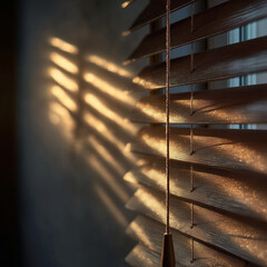 Blinds casting soft shadows in warm evening light indoors  