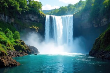 Naklejka premium Majestic Waterfall Cascading Down Rocky Cliffs A Stunning Display of Natures Raw Power