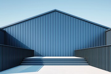 Minimalist blue metal building facade with vertical stripes featuring blue steel stairs and open space on ground floor