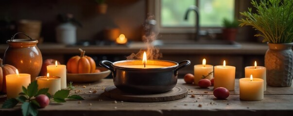 Rustic Kitchen Candle Making Scene Cozy DIY Project with Simmering Wax, Warm Lighting, and Craft Supplies