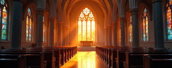 Sunlit Church Sanctuary Peaceful Interior with Stained Glass and Dust Motes, Inspiring Faith, Hope, and Spirituality. Perfect for Religious, Spiritual, and Worship Themes.