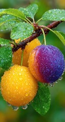 Plums, yellow and purple, glistening with dew drops on branch