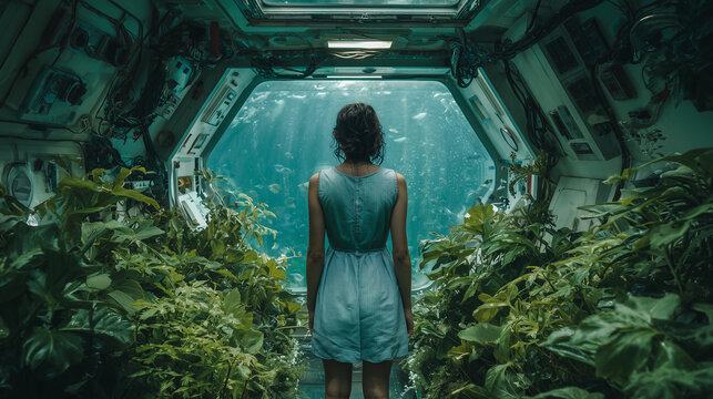Fototapeta A woman looking out of the window to see underwater world in spaceship