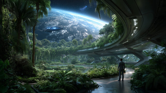 Fototapeta Wide shot a man standing in the large spaceship , can see galaxy view out of the window