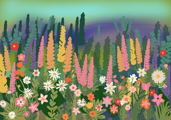 Blooming Meadow Fantasy sunset in the mountains